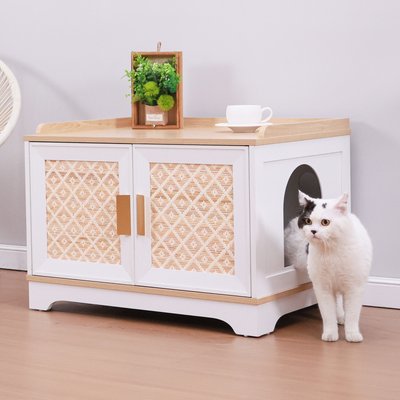 RYPetmia RYPetmia Elegant Multi-Functional Litter Box Enclosure, Bed & Window Perch Wood Cat Cabinet, White, Single