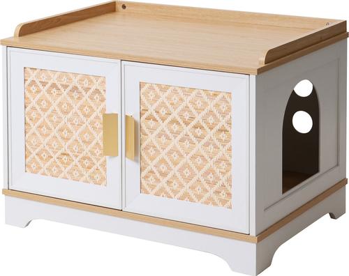 Show full view: RYPetmia Elegant Multi-Functional Litter Box Enclosure, Bed & Window Perch Wood Cat Cabinet, White, Single slide 2 of 9