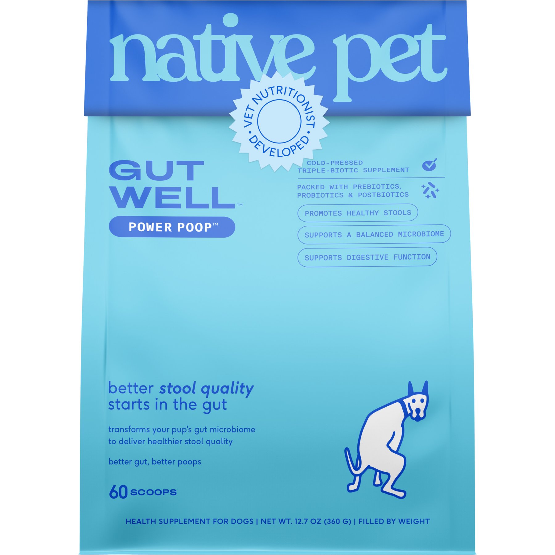 Native Pet GutWell Power Poop Probiotics Gut Health & Digestive Health Supplement for Dogs, 12.7-oz