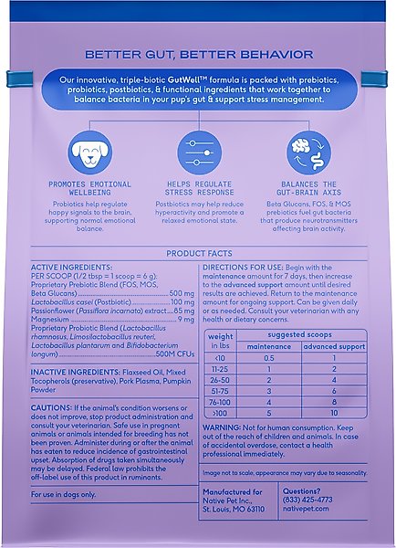 Show full view: Native Pet GutWell Stress Support Anxiety Relief & Calming Supplement for Dogs with Probiotics, 12.7-oz slide 2 of 9