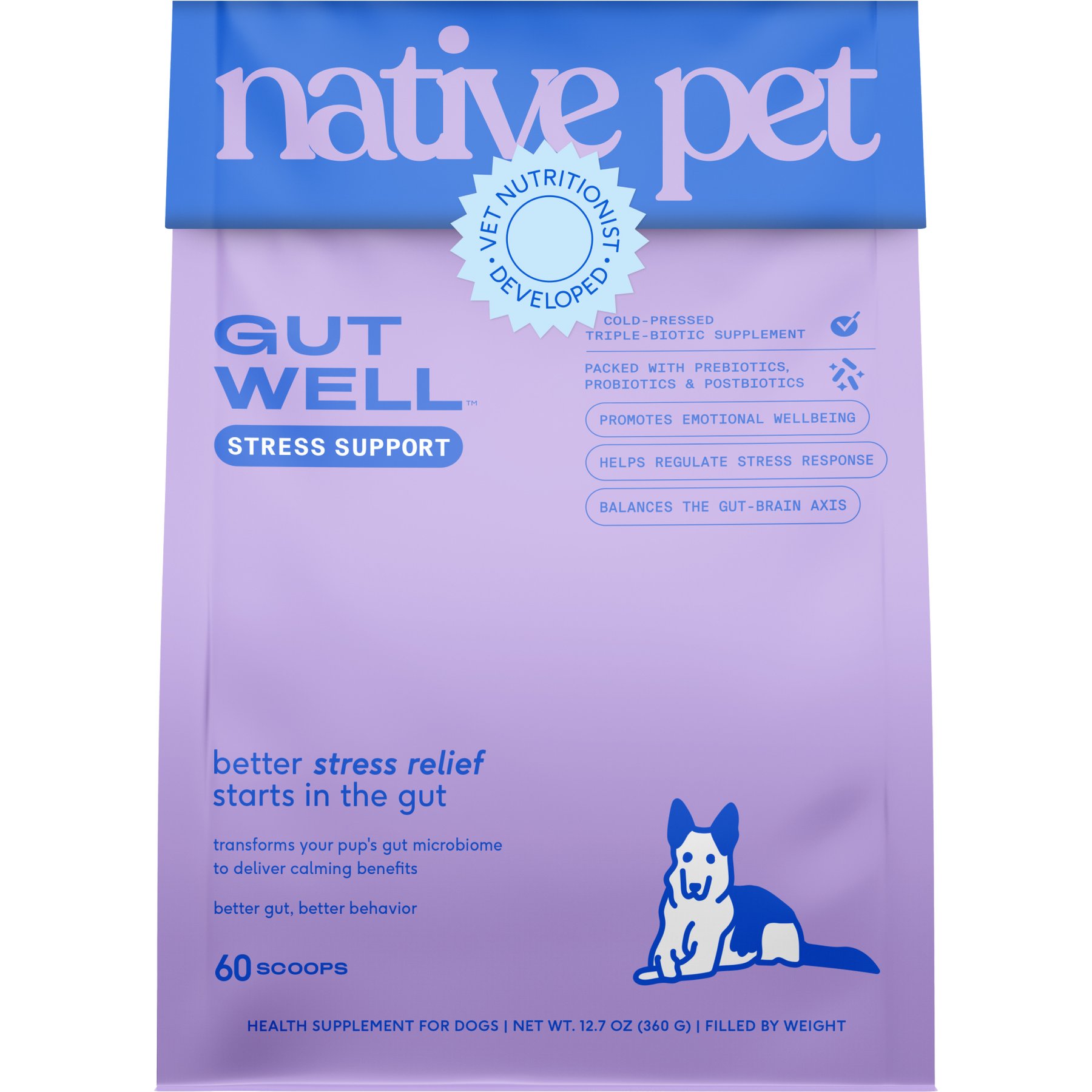 Native Pet GutWell Stress Support Anxiety Relief & Calming Supplement for Dogs with Probiotics, 12.7-oz