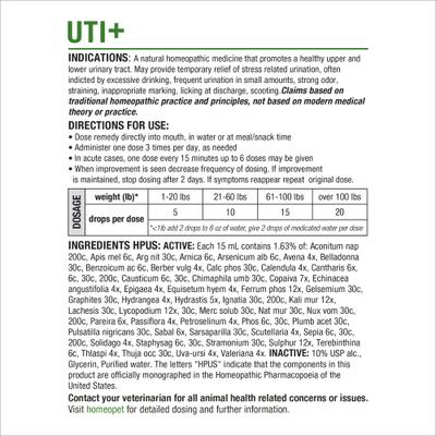Show full view: HomeoPet UTI+ Liquid Urinary Supplement for Dogs, 15-mL bottle slide 7 of 10
