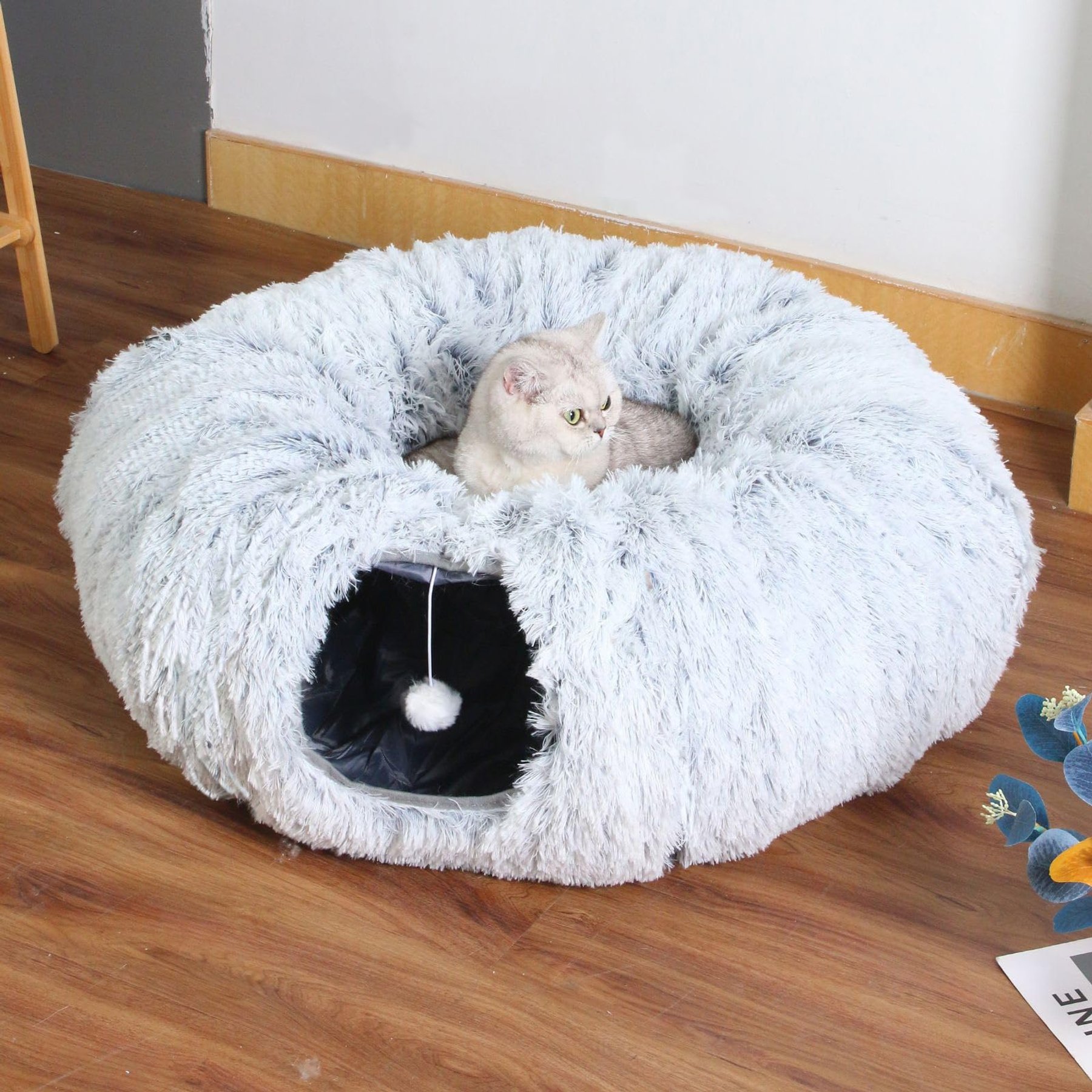 Kylinsure Plush Cat Tunnel Bed, Grey, Medium