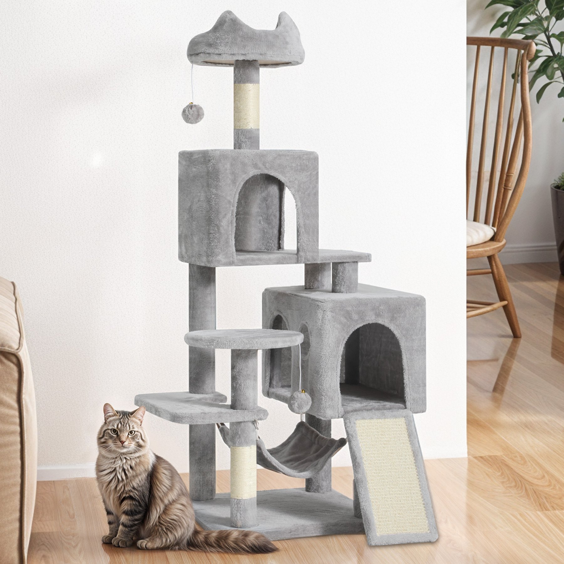 Wooflex 54-in Multi-Level Tower Cat Tree with 2 Condos, Light Gray, One Size: 17.7 x 17.7 x 53.9-in