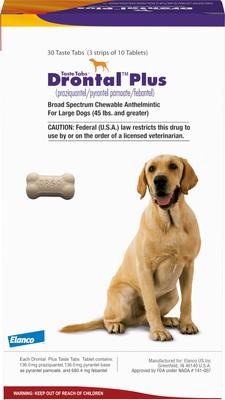 Show full view: Drontal Plus Chewable Tablet for Large Dogs, over 45 lbs, 1 Tablet slide 3 of 8