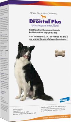 Show full view: Drontal Plus Chewable Tablet for Medium Dogs, 26-60 lbs, 1 Tablet slide 4 of 8