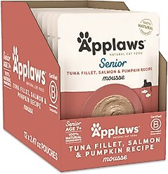 Applaws Senior Tuna Fillet, Salmon, & Pumpkin Recipe Grain-Free Mousse Wet Cat Food, 2.47-oz pouch, case of 12