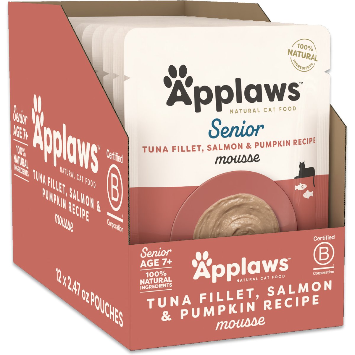 Applaws Senior Tuna Fillet, Salmon, & Pumpkin Recipe Grain-Free Mousse Wet Cat Food, 2.47-oz pouch, case of 12