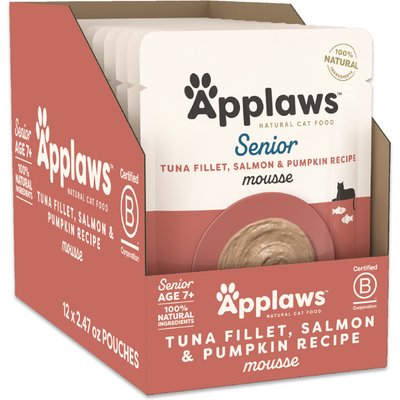 Applaws Applaws Senior Tuna Fillet, Salmon, & Pumpkin Recipe Grain-Free Mousse Wet Cat Food, 2.47-oz pouch, case of 12