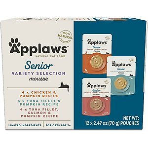 Applaws Senior Variety Selection Grain-Free Mousse Wet Cat Food, 2.47-oz pouch, case of 12