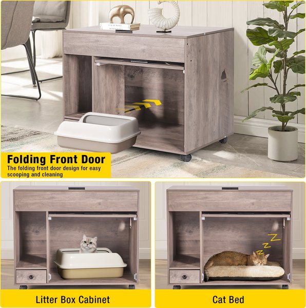 Aivituvin Wooden Side Table Enclosed Cat Litter Box, Beige