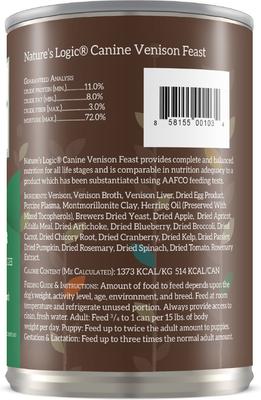 Show full view: Nature's Logic 100% Natural Canine Venison Feast All Life Stages Grain-Free Wet Dog Food, 13.2-oz, case of 12 slide 3 of 9