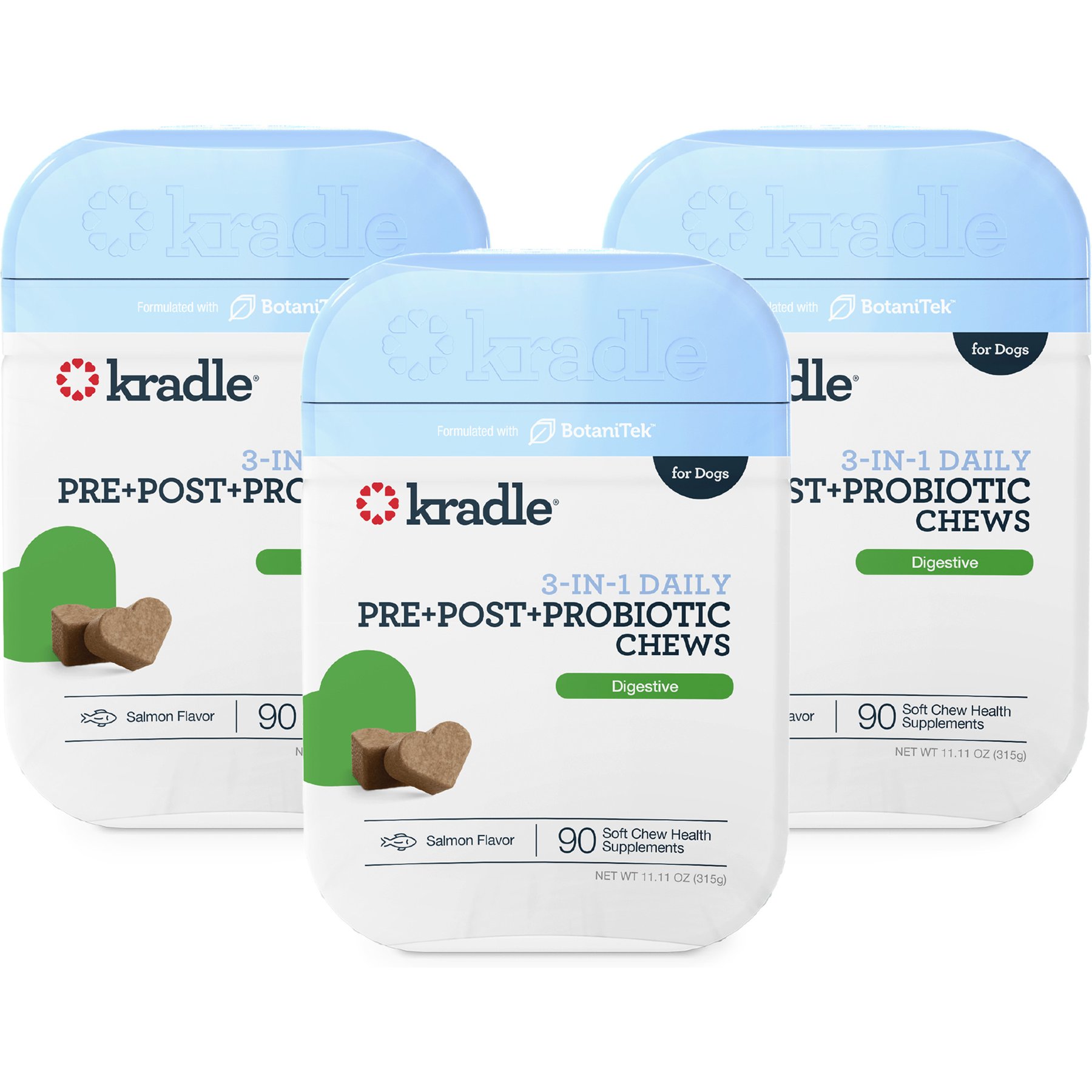Kradle 3-in-1 Pre + Post + Probiotic Salmon Flavor Chew Supplement for Dogs, 270 count bundle