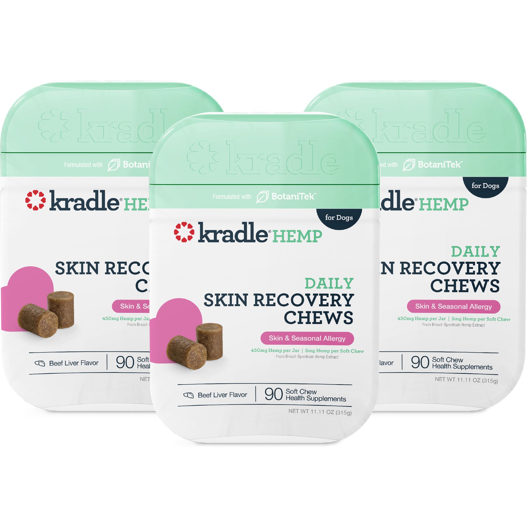Kradle Broad Spectrum Hemp Extract Beef Liver Flavor Skin Recovery Chews Supplement for Dogs, 270 count bundle
