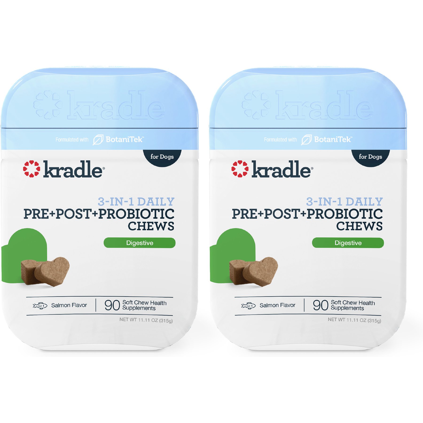 Kradle 3-in-1 Pre + Post + Probiotic Salmon Flavor Chew Supplement for Dogs, 180 count bundle