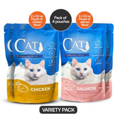 Show full view: Scoochie Pet Mixed Variety Pack Premium Gravy Salmon & Chicken Stew Wet Cat Food Topping, 3.5-oz pouch, case of 4 slide 3 of 10