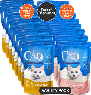 Show full view: Scoochie Pet Mixed Variety Pack Premium Gravy Salmon & Chicken Stew Wet Cat Food Topping, 3.5-oz pouch, case of 16 slide 3 of 10
