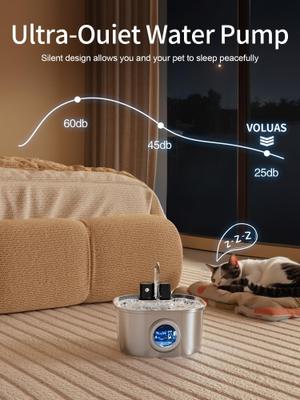Show full view: Voluas Wireless Battery Operated Automatic Dog Water Dispenser with Quiet Pump & Stainless Cat Water Fountain, Silver, 3.2-liter slide 8 of 8