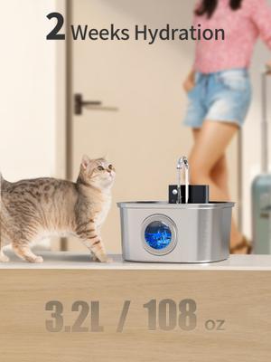Show full view: Voluas Wireless Battery Operated Automatic Dog Water Dispenser with Quiet Pump & Stainless Cat Water Fountain, Silver, 3.2-liter slide 4 of 8