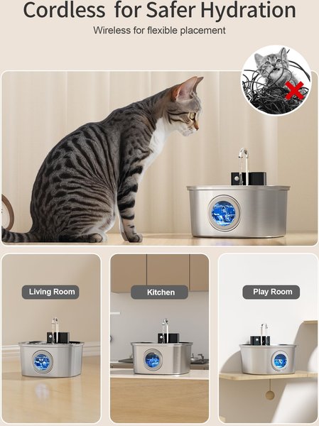 Voluas Indoor Wireless Battery Operated Automatic Stainless Steel Dispenser Dog Water Fountain with Ultra-Quiet Pump, Silver, 7-L