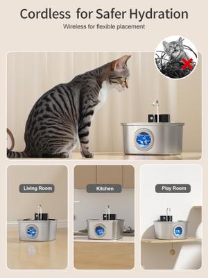 Show full view: Voluas Wireless Battery Operated Automatic Dog Water Dispenser with Quiet Pump & Stainless Cat Water Fountain, Silver, 3.2-liter slide 2 of 8