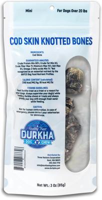 Show full view: Durkha Cod Skin Knotted Bones Dehydrated Dog Treats, Mini, 3-oz bag slide 3 of 3