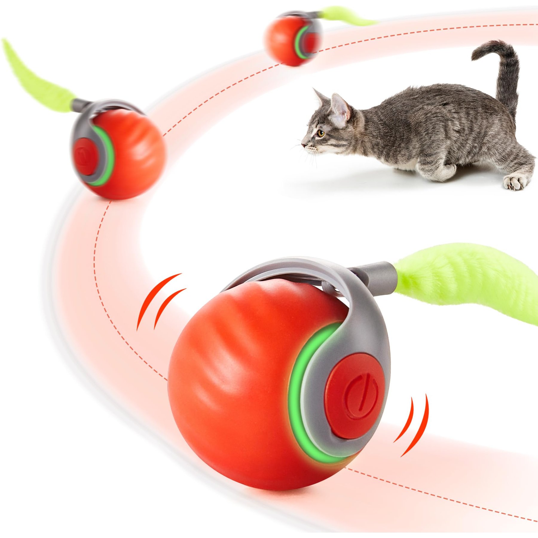 Potaroma Rechargeable Automatic Ball Cat Toy with Feather Tail, Orange