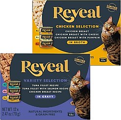 Reveal Variety of Fish & Chicken in Gravy + Variety of Chicken in Broth Flavored Wet Cat Food