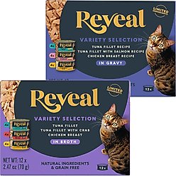 Reveal Variety of Fish & Chicken in Gravy + Variety Fish & Chicken in Broth Flavored Wet Cat Food