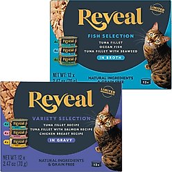 Reveal Variety of Fish & Chicken in Gravy + Variety of Fish in Broth Flavored Wet Cat Food