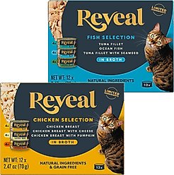 Reveal Variety of Chicken in Broth + Variety of Fish in Broth Flavored Wet Cat Food