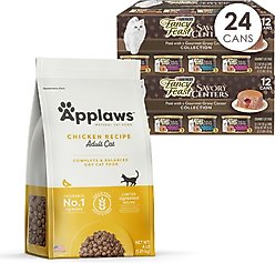 Applaws Adult Complete Chicken Recipe with Country Vegetables Grain-Free Dry Cat Food + Fancy Feast Savory Centers Variety Pack Canned Food