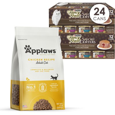 Applaws Applaws Adult Complete Chicken Recipe with Country Vegetables Grain-Free Dry Cat Food + Fancy Feast Savory Centers Variety Pack Canned Food