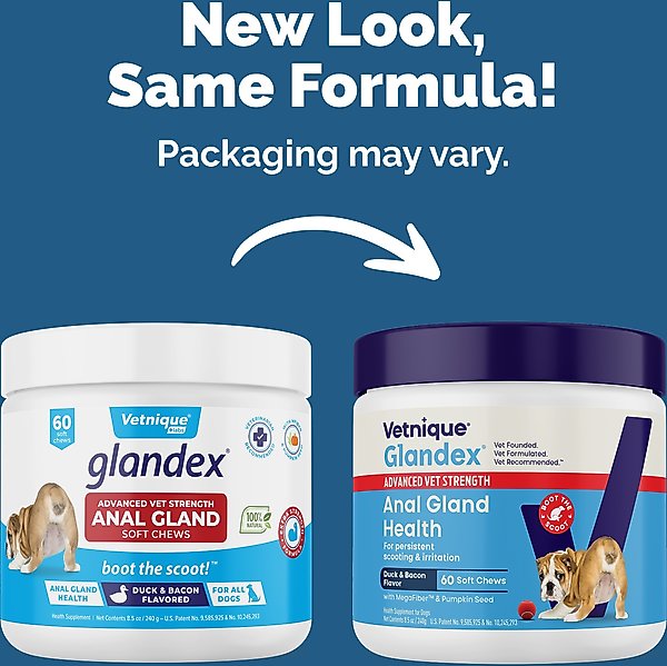 Show full view: Vetnique Labs Glandex Anal Gland Support with Advanced Strength Bacon Flavor Fiber Supplement for Dogs, 60 count slide 2 of 10