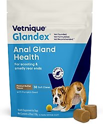 Vetnique Labs Glandex Dog Anal Gland Support Soft Chews with Pumpkin, Digestive Enzymes, Probiotics & Fiber Supplement Boot The Scoot Peanut Butter Flavored, 30 count