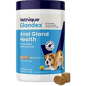 Vetnique Labs Glandex Dog Anal Gland Support Soft Chews with Pumpkin, Digestive Enzymes, Probiotics & Fiber Supplement Boot The Scoot Peanut Butter Flavored, 120 count