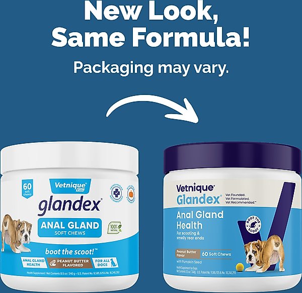 Show full view: Vetnique Labs Glandex Dog Anal Gland Support Soft Chews with Pumpkin, Digestive Enzymes, Probiotics & Fiber Supplement Boot The Scoot Peanut Butter Flavored, 60 count slide 2 of 11