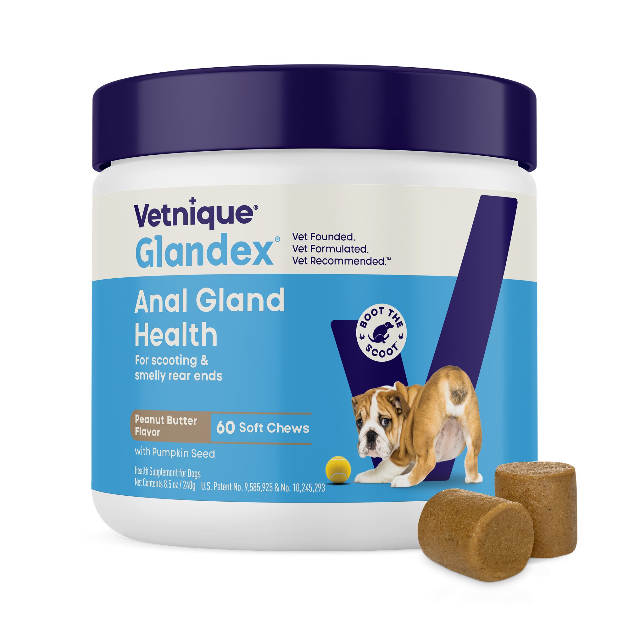 Glandex Dog Anal Gland Support Soft Chews with Pumpkin, Digestive Enzymes, Probiotics & Fiber Supplement Boot The Scoot Peanut Butter Flavored