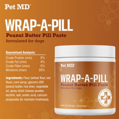 Show full view: Pet MD Wrap-A-Pill Peanut Butter Flavored Pill Paste Nutritional Supplement for Dogs & Cats, 8-oz tub slide 6 of 8