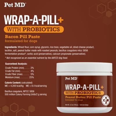 Show full view: Pet MD Wrap-A-Pill with Probiotics Peanut Butter Flavored Pill Paste Nutritional Supplement for Dogs & Cats, 4.2-oz tub slide 6 of 7