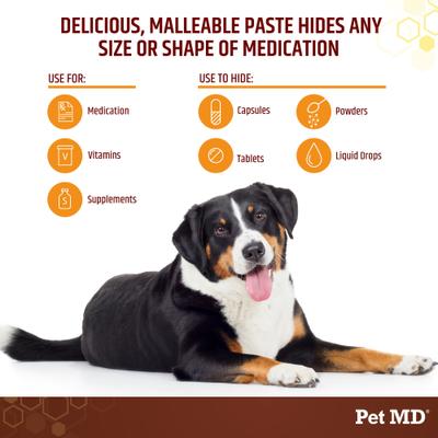 Show full view: Pet MD Wrap-A-Pill with Probiotics Peanut Butter Flavored Pill Paste Nutritional Supplement for Dogs & Cats, 4.2-oz tub slide 3 of 7