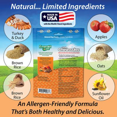 Show full view: Emerald Pet Little Chewzzies Turducky Recipe Chicken-Free Dog Treats, 5-oz bag slide 6 of 9