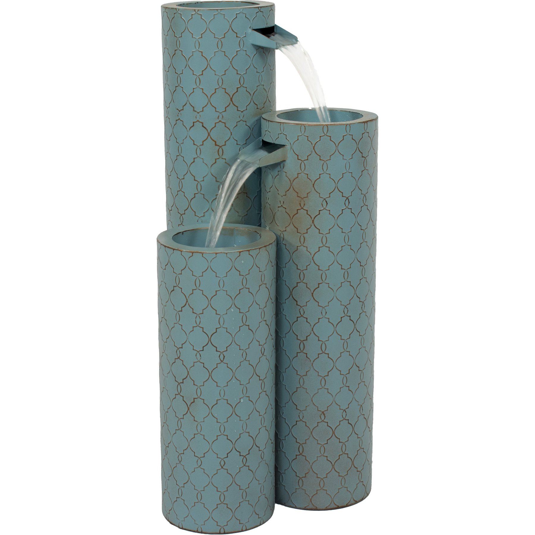 Sunnydaze Decor Moroccan Trellis 3-Column Zinc Fountain, Blue