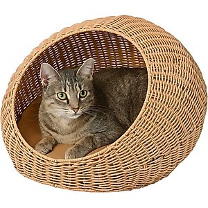 THE LICKER STORE Flora Modern Circular Faux Wicker Cat Bed with Removable Cover, Medium, Natural