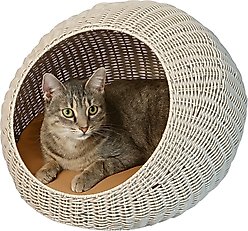THE LICKER STORE Flora Modern Circular Faux Wicker Cat Bed with Removable Cover, Medium, White