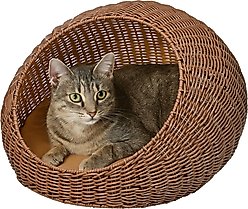 THE LICKER STORE Flora Modern Circular Faux Wicker Cat Bed with Removable Cover, Medium, Brown
