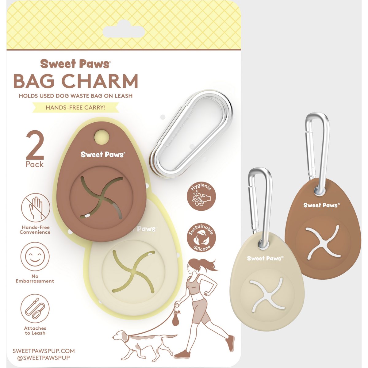 Sweet Paws Bag Charm Hands-Free Used Dog Poop Bag Carrier, Mocha & Crème Brûlée, 2 count