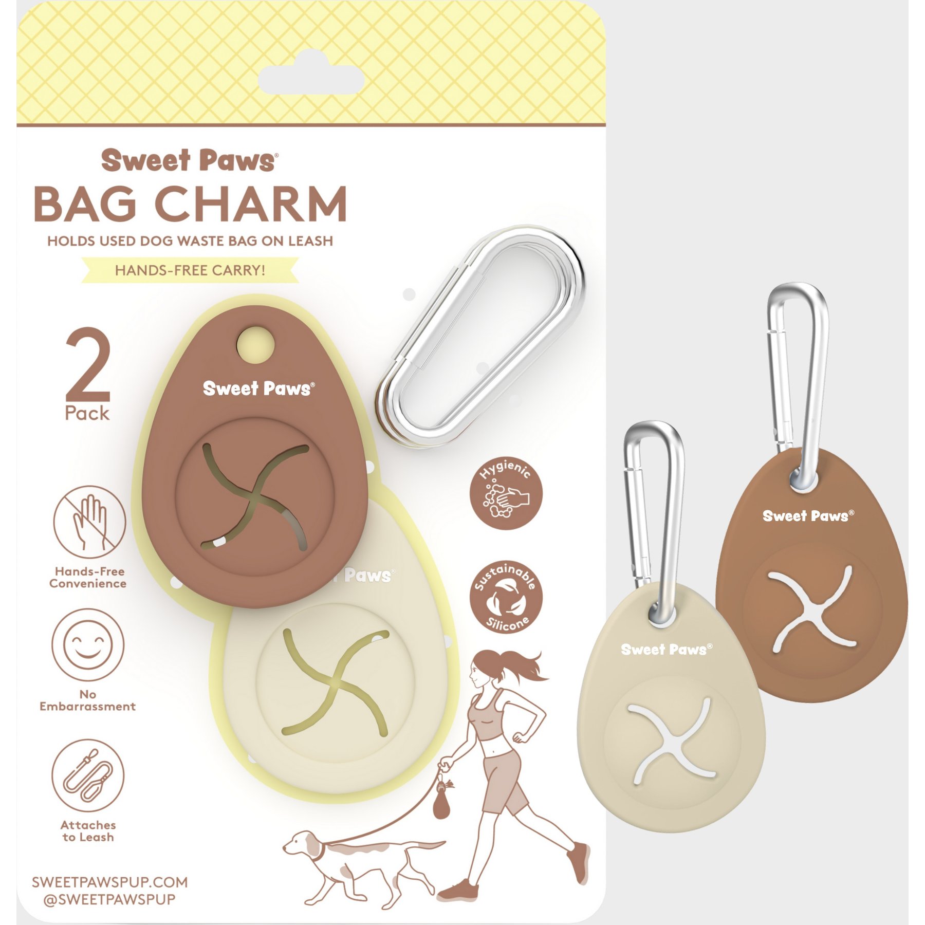 Sweet Paws Bag Charm Hands-Free Used Dog Poop Bag Carrier, Mocha & Crème Brûlée, 2 count