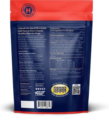 Show full view: Honest Paws Full-Spectrum Hemp Oil Bites Mobility Blend Tumeric Flavored Joint Chew Supplement for Dogs, 30 count slide 6 of 10