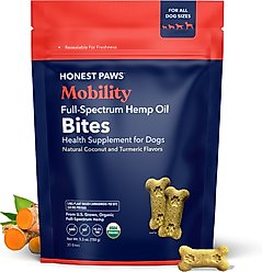 Honest Paws Full-Spectrum Hemp Oil Bites Mobility Blend Tumeric Flavored Joint Chew Supplement for Dogs, 30 count